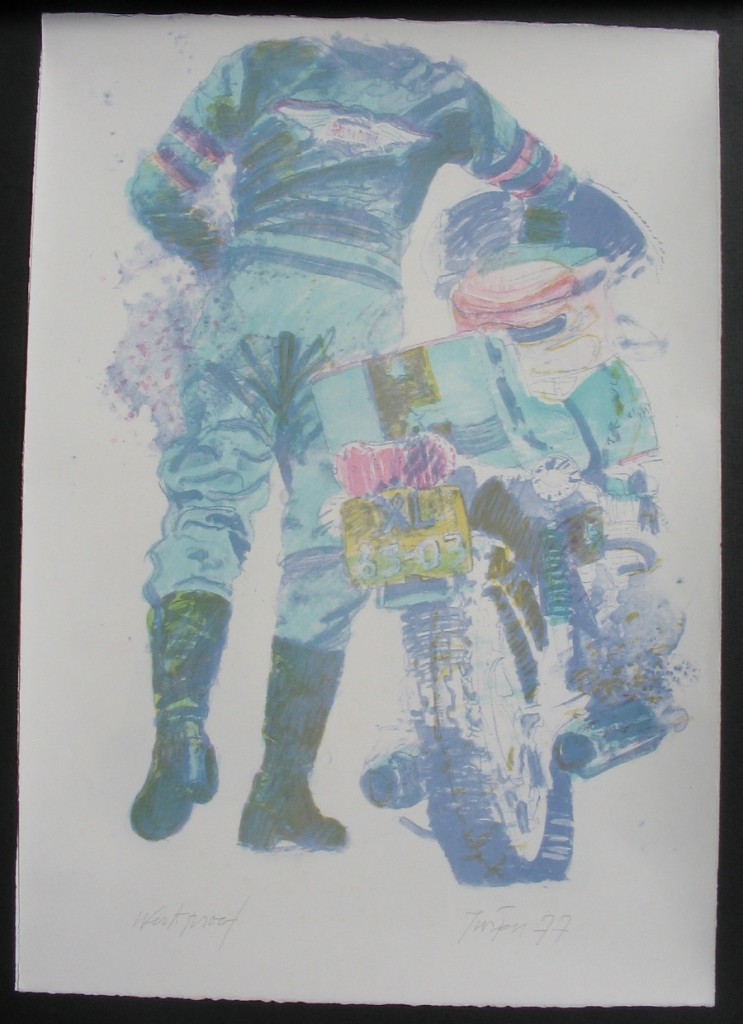 Motorcycle series 4.
 Walking with bike. 63x90cm