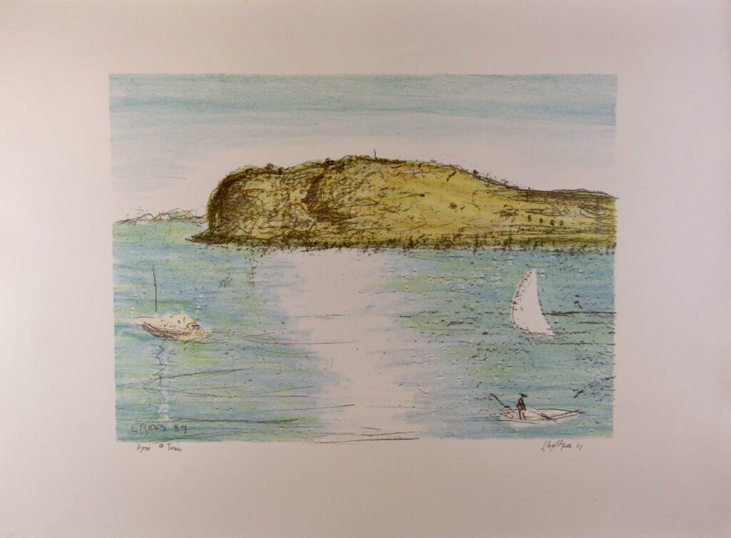 Image of a Yellow Headland and Blue Water with Sail Boat – Lloyd Rees