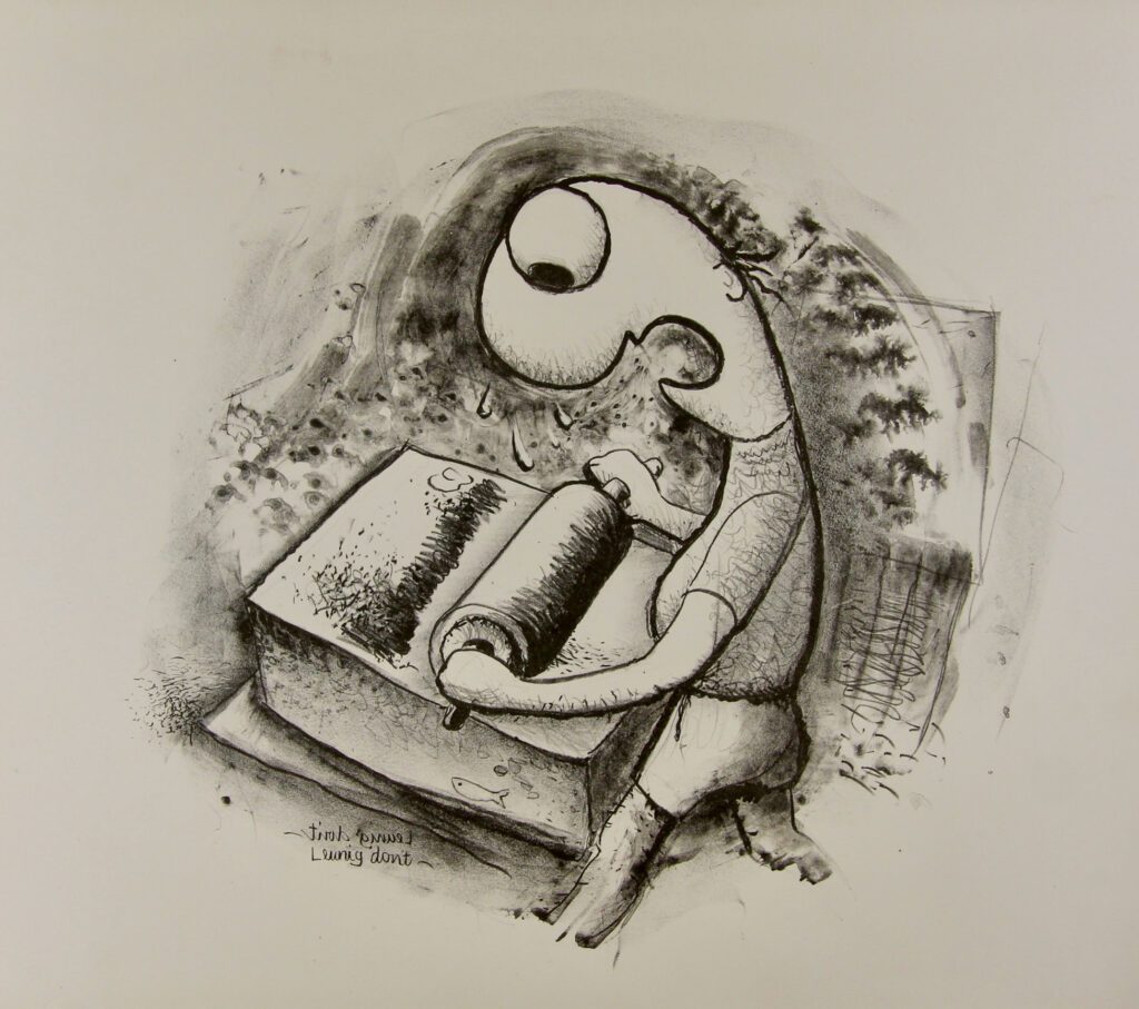 Fred Genis at the Printing Press (Black and White) – Michael Leunig (Attributed)